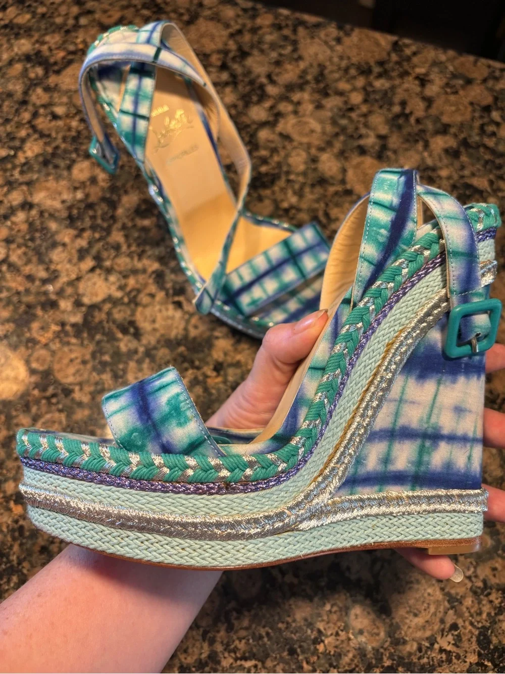 Christian Louboutin Teal & Blue Plaid Espadrille Wedge Sandals